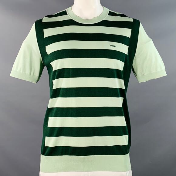 PRADA Size L Green Light Green Jersey Stripe Silk Cotton Short Sleeve Pullover - Picture 1 of 9